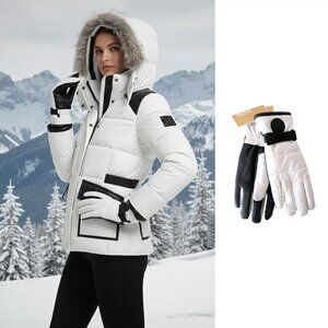 Michael Kors Quilted Black & White Leather Palm Touch Gloves with MK Logo. Sz S
